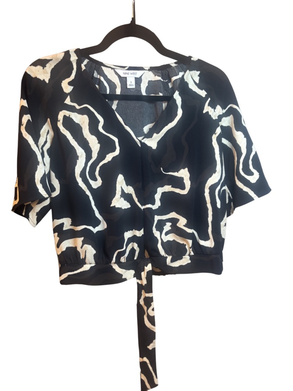 Nine West Black & Cream Abstract V-Neck Tie-Front Cropped Blouse Small